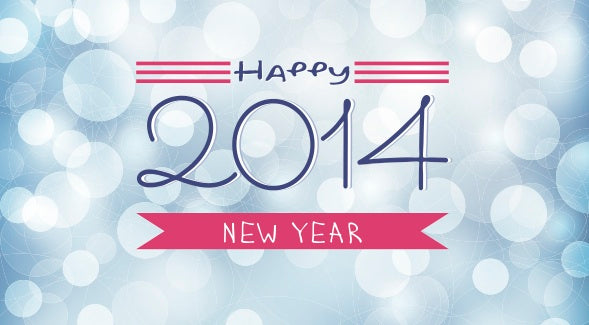 Festive blue bokeh background with handwritten 'Happy', large '2014' numerals, and pink banner reading 'NEW YEAR'.