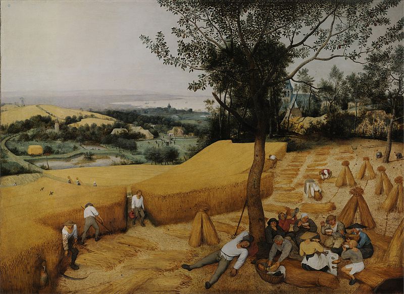 Harvesters resting under a tree in a golden wheat field with haystacks and a distant village.
