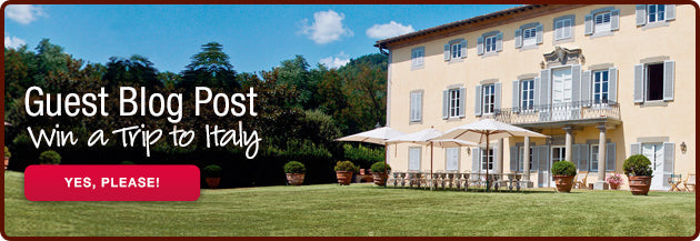 Country villa and lawn with overlay text 'Guest Blog Post', 'Win a Trip to Italy', and a 'YES, PLEASE!' button.