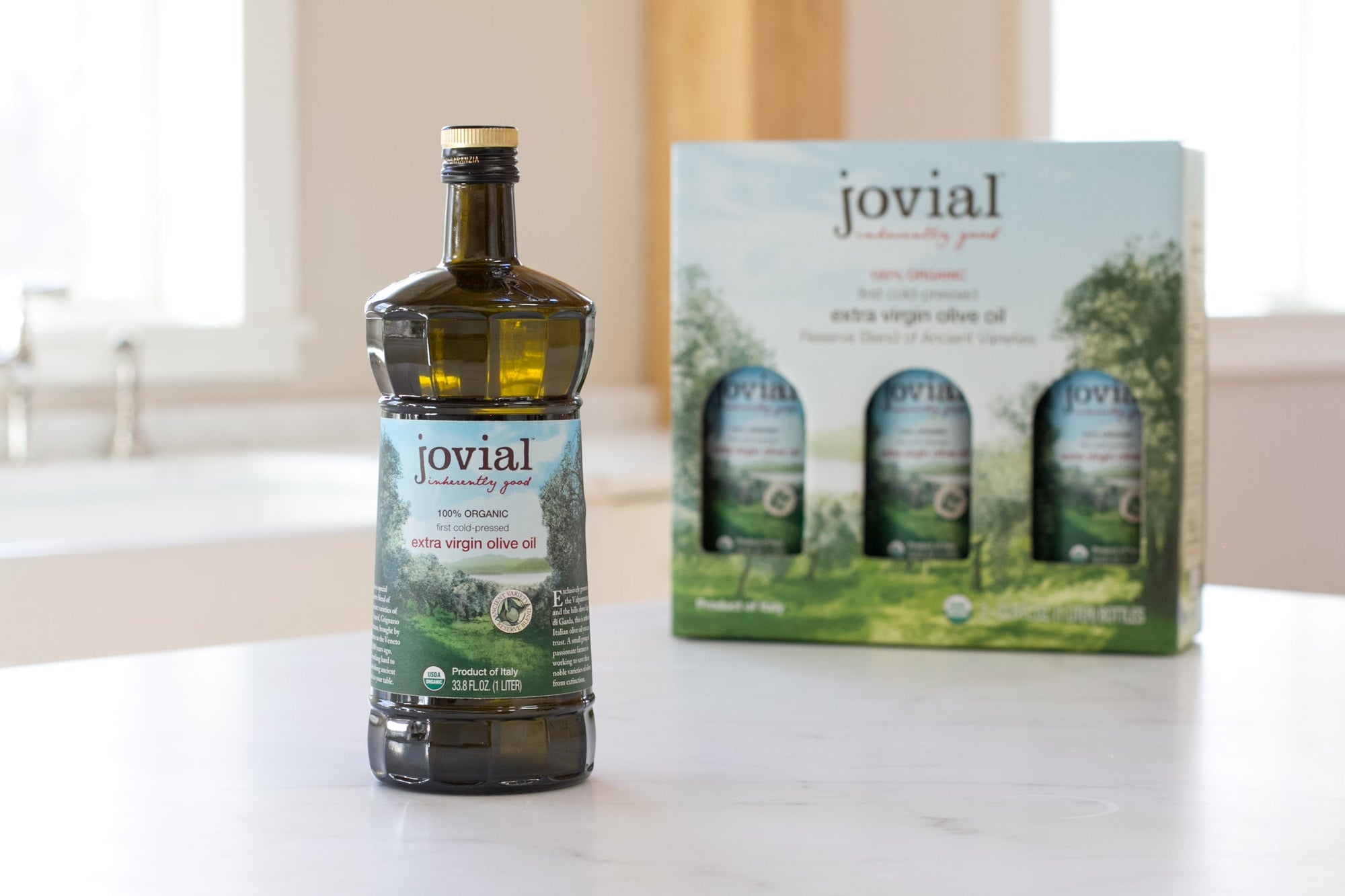 Jovial bottle and box — jovial extra virgin olive oil Product of Italy 33.8 FL.OZ. 1 LITER