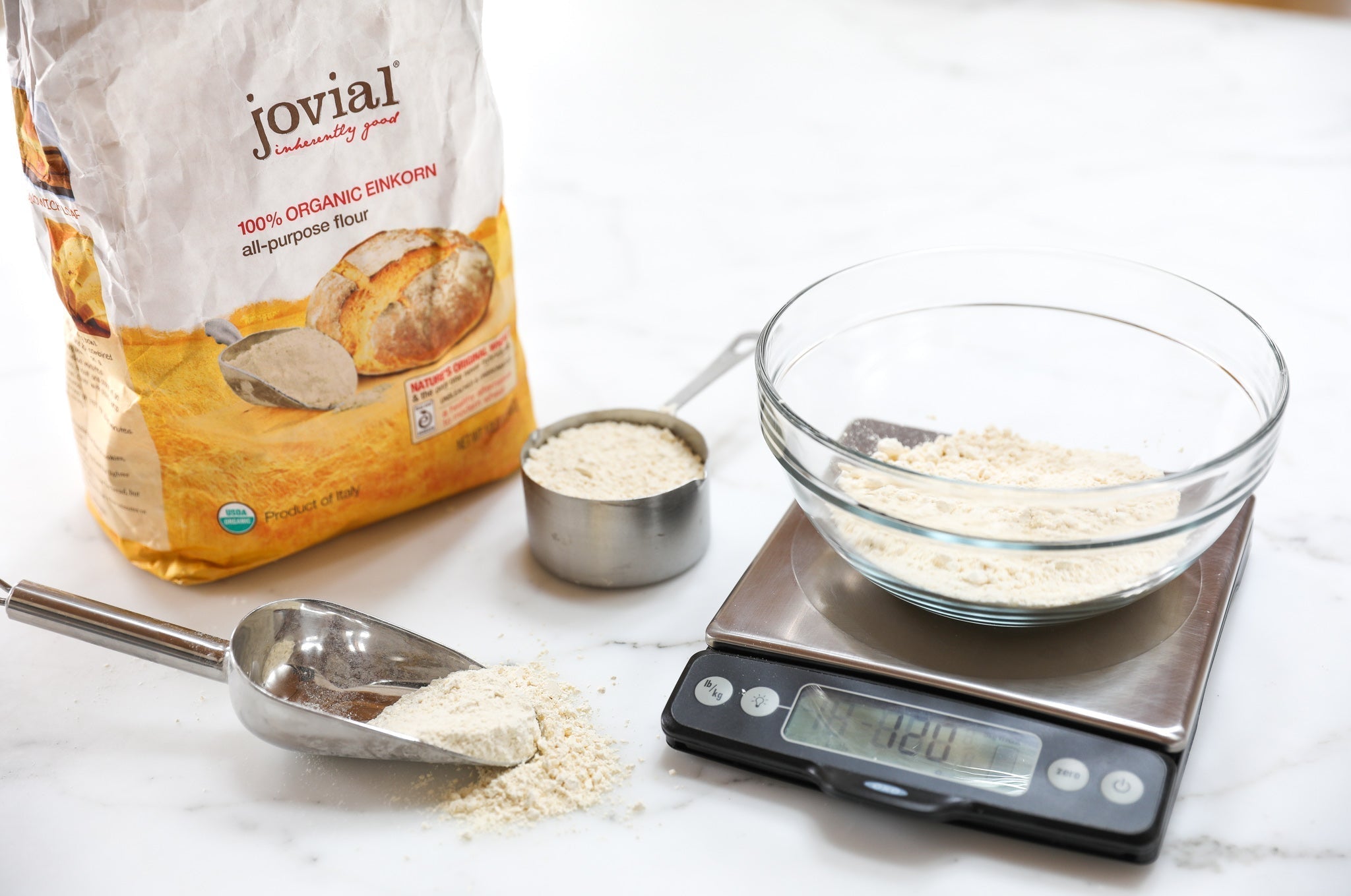 jovial inherently good 100% ORGANIC EINKORN all-purpose flour bag (USDA ORGANIC, Product of Italy) with scoop, bowl, scale