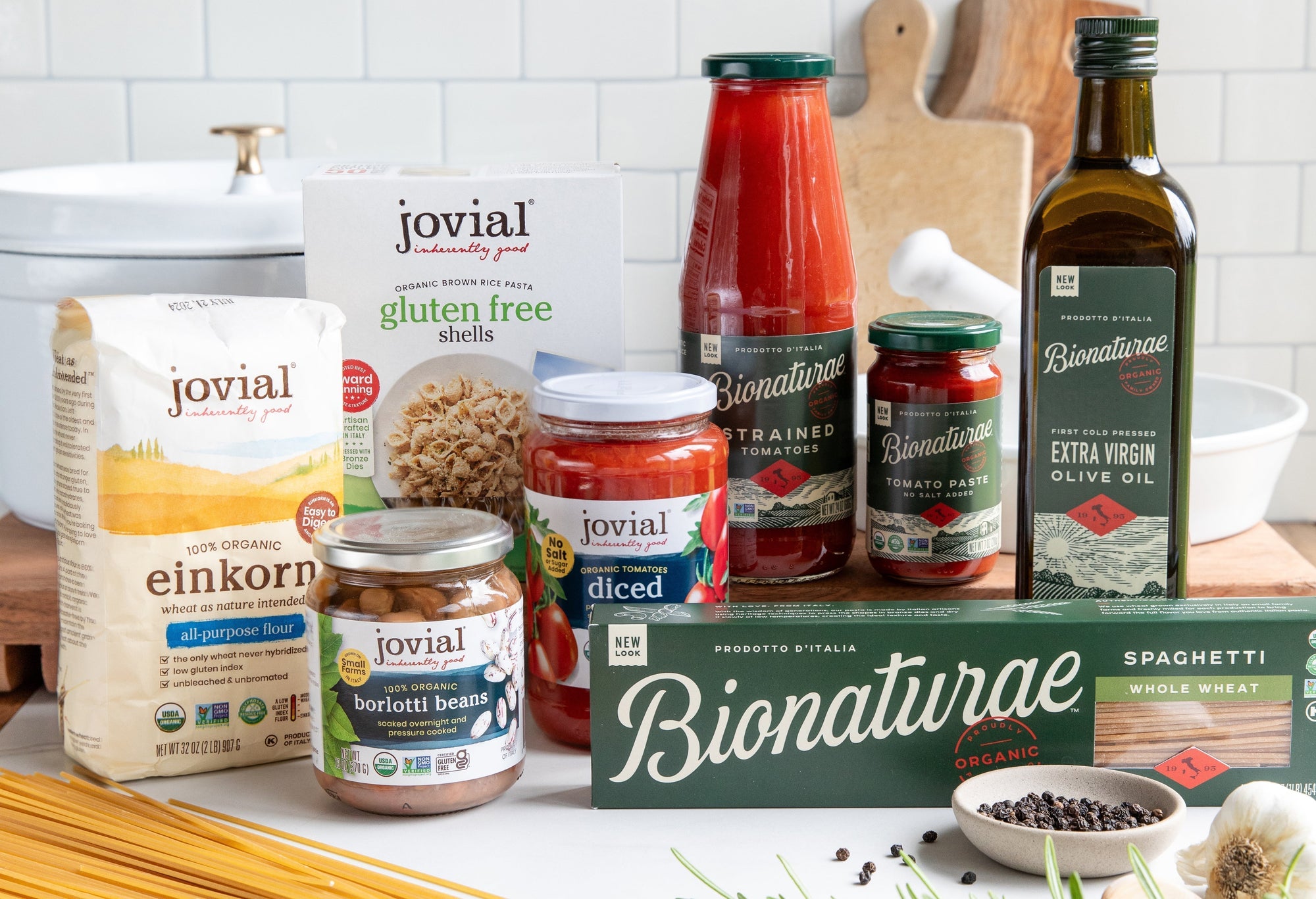 Jovial and Bionaturae products: einkorn flour, gluten-free pasta, jars of tomatoes and beans, extra-virgin olive oil