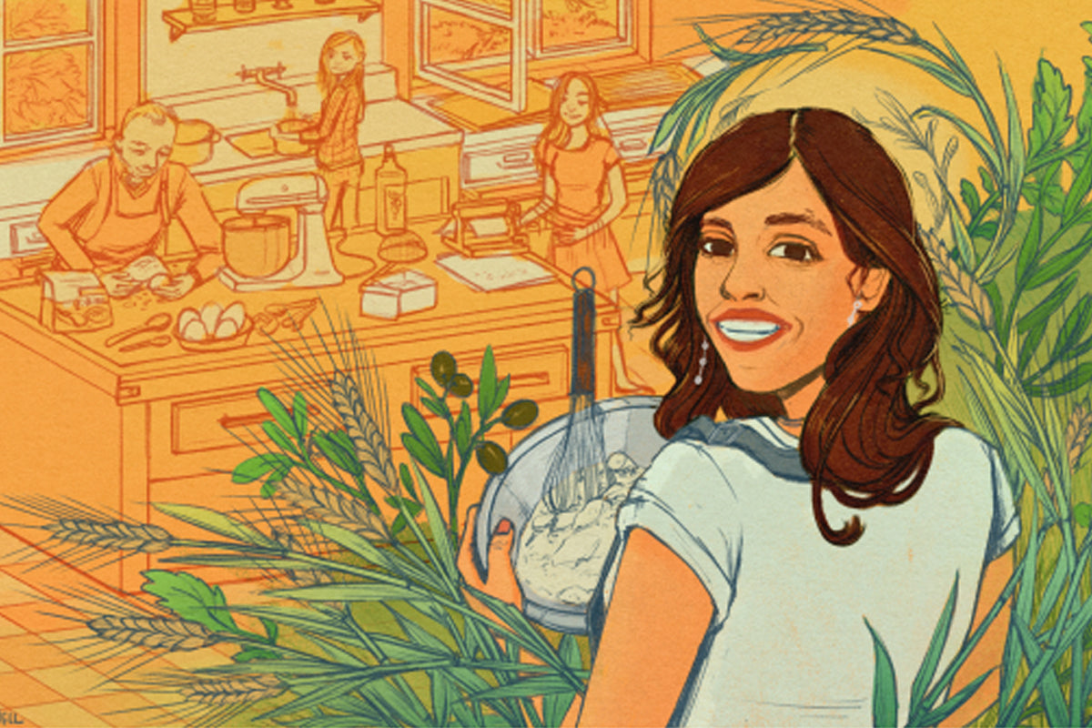 Illustration of Carla surrounded by Einkorn wheat and a baking kitchen