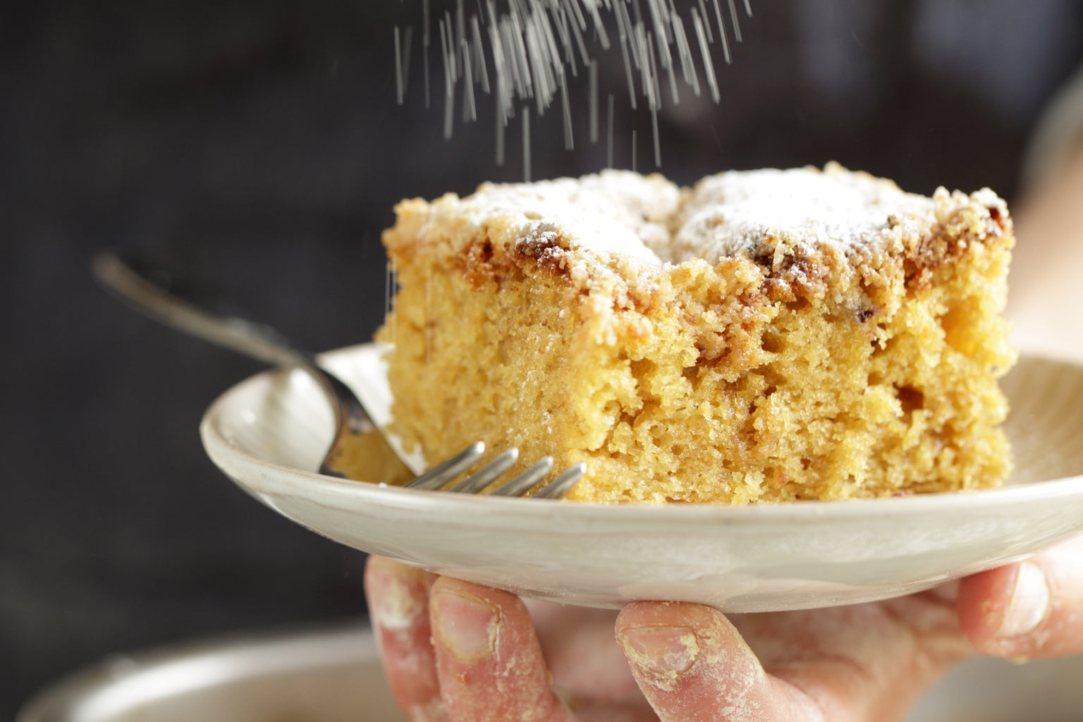 Slice of overnight Einkorn kefir crumb cake on a small plate, dusted with powdered sugar and held by flour-dusted hands