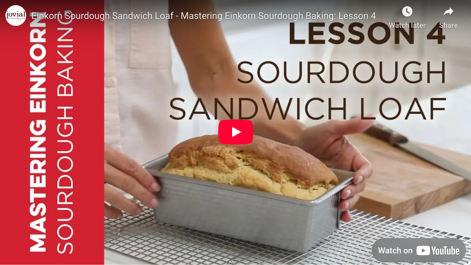 Video thumbnail showing Lesson 4 Sourdough Sandwich Loaf overlay and hands holding an einkorn sourdough loaf in a metal pan