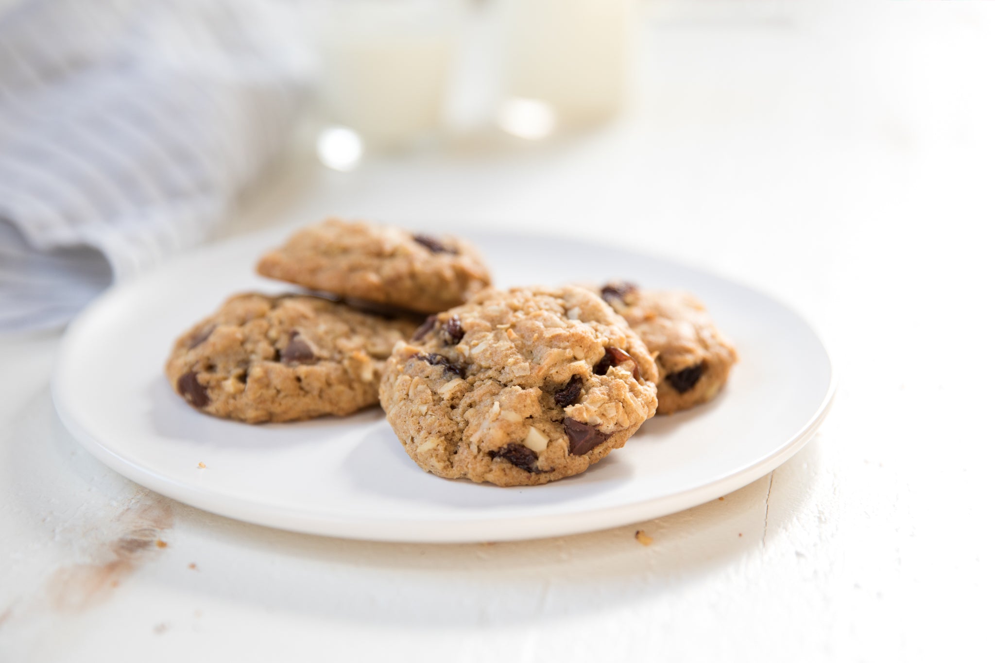 Close-up of three einkorn oatmeal coconut chocolate chip cookies on a white plate showing oats and chocolate chunks