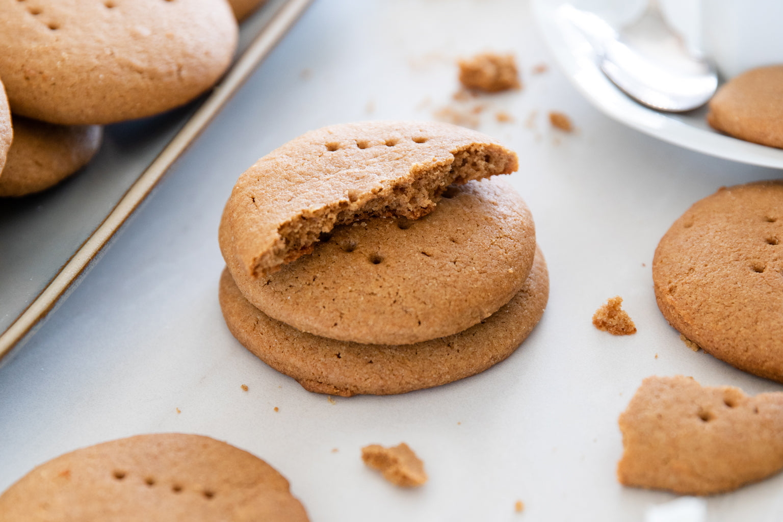 Close-up of stacked Einkorn digestive biscuits showcasing crumb texture with a light surface background