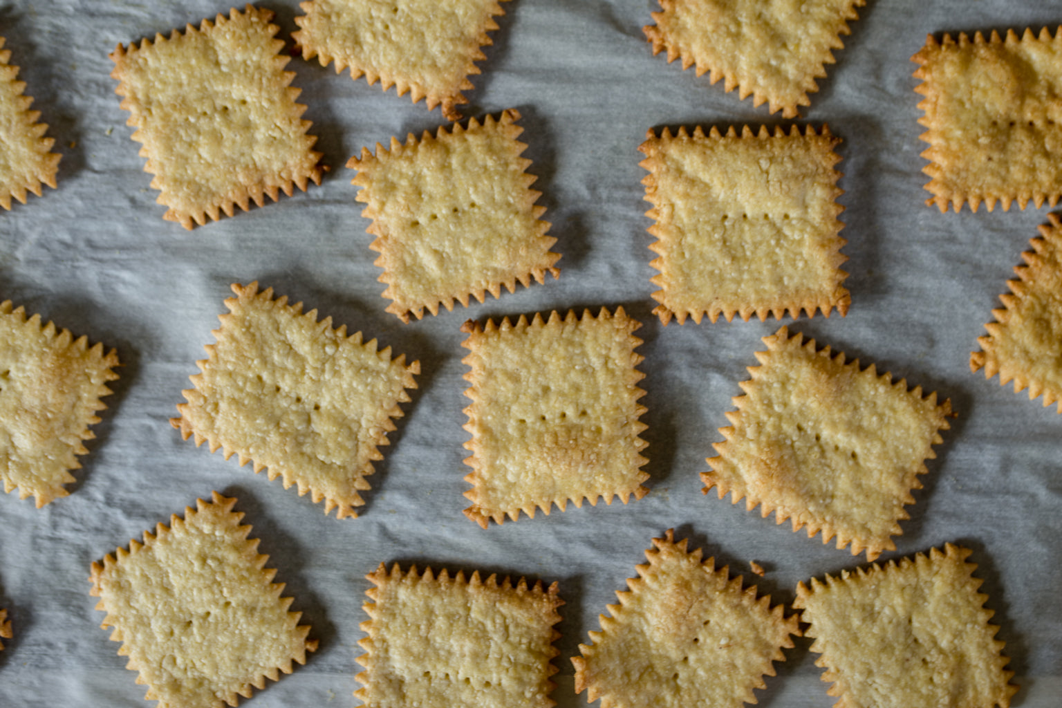 Overhead of Cheddar Einkorn crackers showing golden-brown squares with crimped edges on parchment