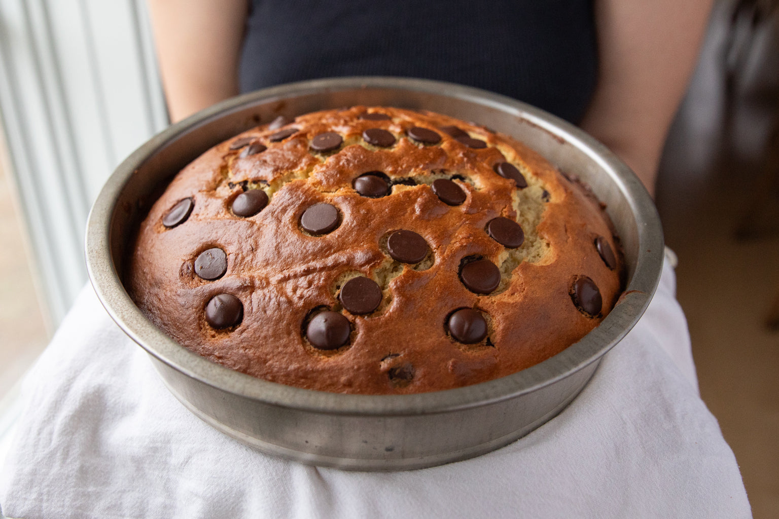 Angled top view of Einkorn ricotta cake with chocolate chips in a round pan, golden-brown crust on a white towel