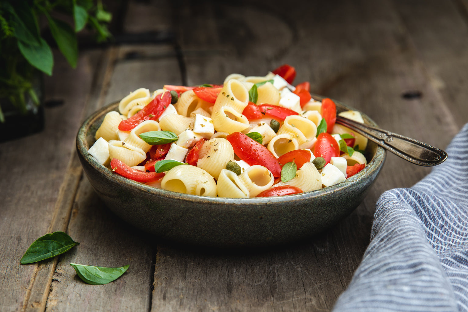 Chiocciole pasta tossed with cherry tomatoes, diced mozzarella, capers and basil in a ceramic bowl on a rustic wooden table