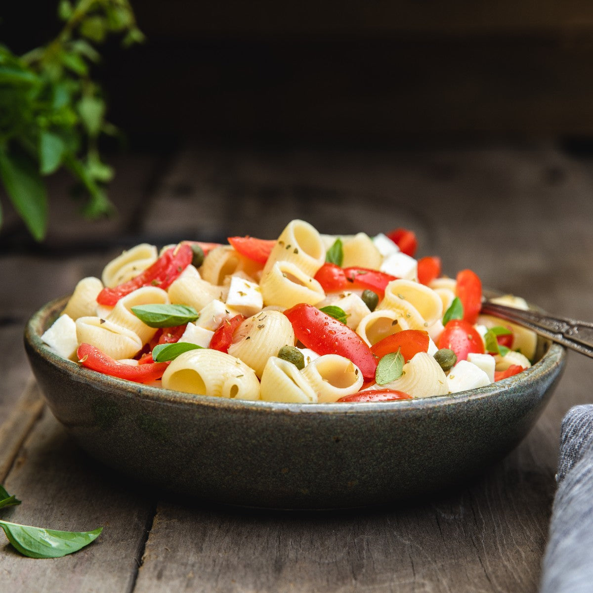 Bowl of short tubular pasta with cherry tomatoes, fresh basil, capers, and mozzarella on a rustic wooden table