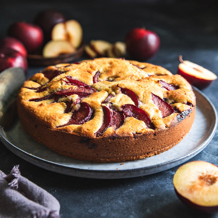 Front view of round einkorn plum coffee cake with sliced plums on top on a gray plate against a dark textured background