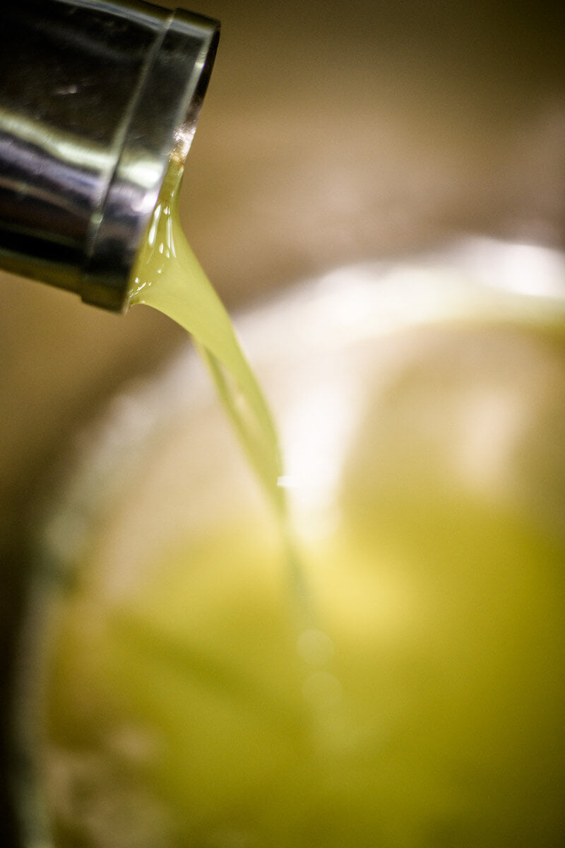 Freshly pressed extra virgin olive oil pouring from a stainless steel spout into a vessel at a small Italian mill