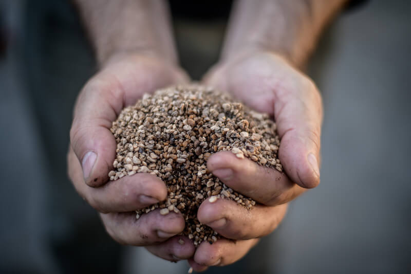 Farmer’s hands holding a handful of crushed olives and pits at an olive farm