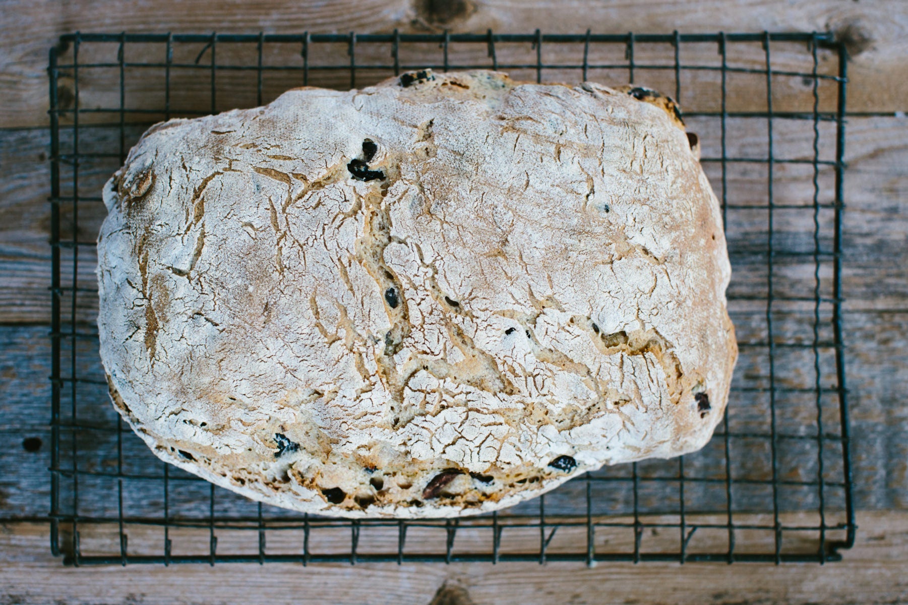Overhead view of an Einkorn olive and rosemary loaf showcasing a cracked, flour-dusted crust and visible olives on a wire cooling rack