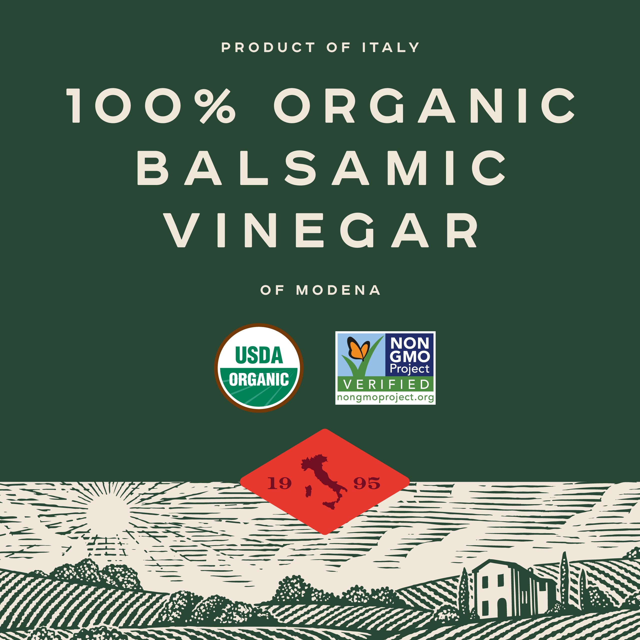 Banner showing 100% Organic Balsamic Vinegar with USDA Organic, Non-GMO, and PGI badges over an illustrated Italian landscape