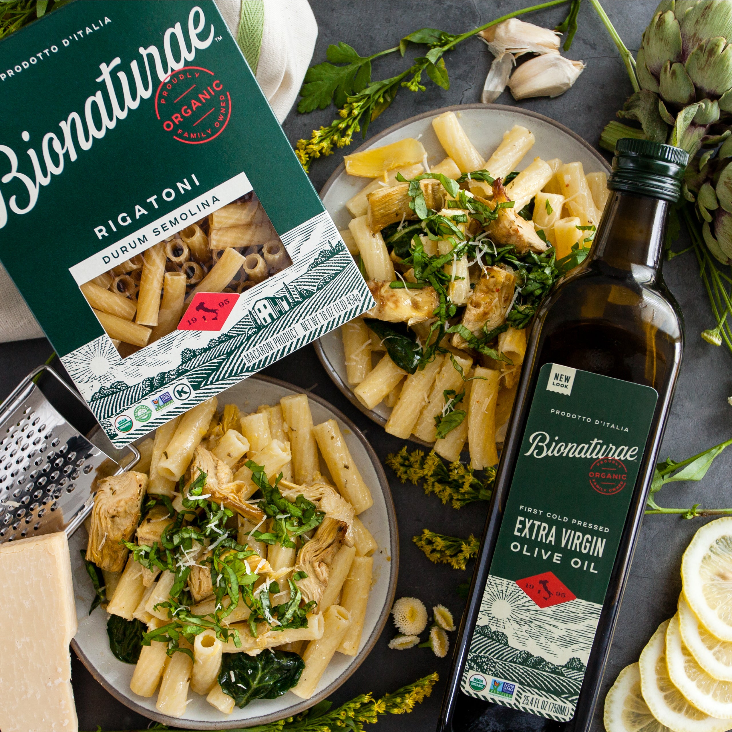 Close-up of Organic Durum Semolina Rigatoni showcasing ridged tubes with bronze-die texture on a neutral background