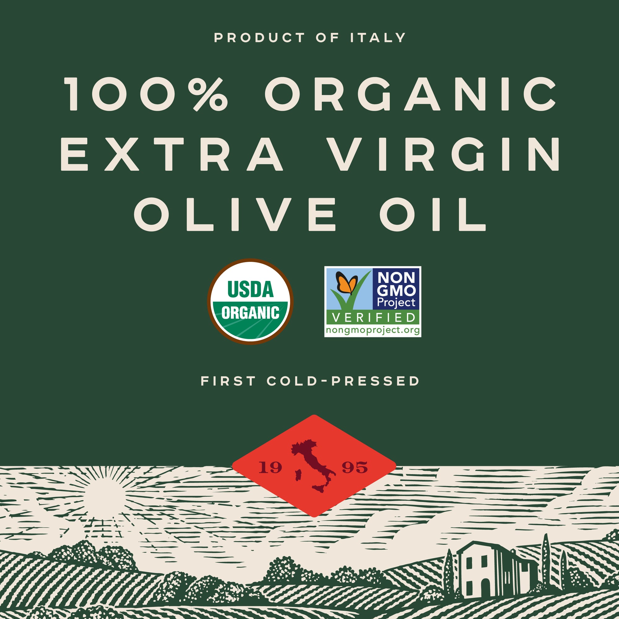 Promotional banner showing 100% Organic Extra Virgin Olive Oil headline with USDA Organic and Non GMO Project badges and Product of Italy emblem