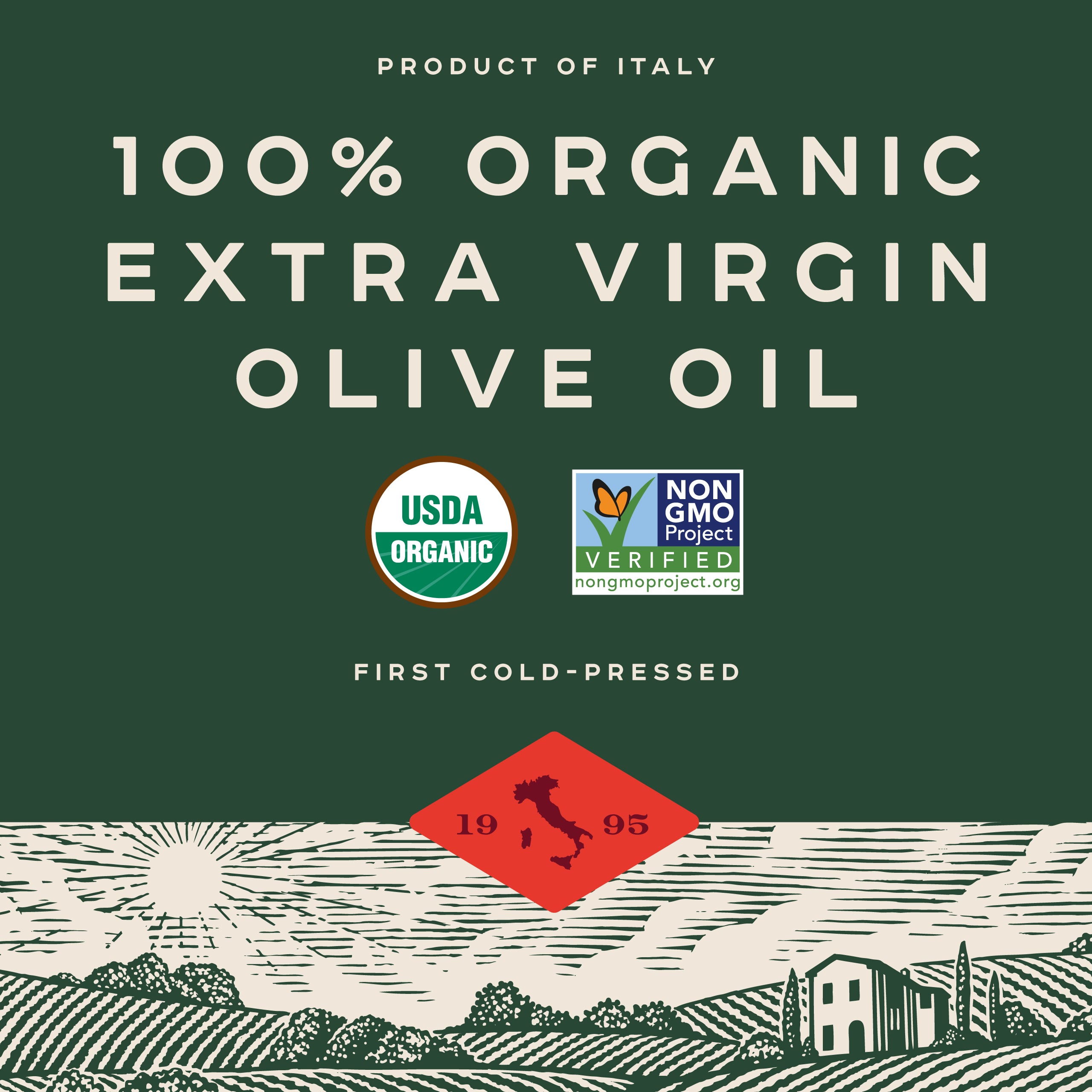 Promotional banner showing 100% Organic Extra Virgin Olive Oil headline with USDA Organic and Non GMO Project badges and Product of Italy emblem