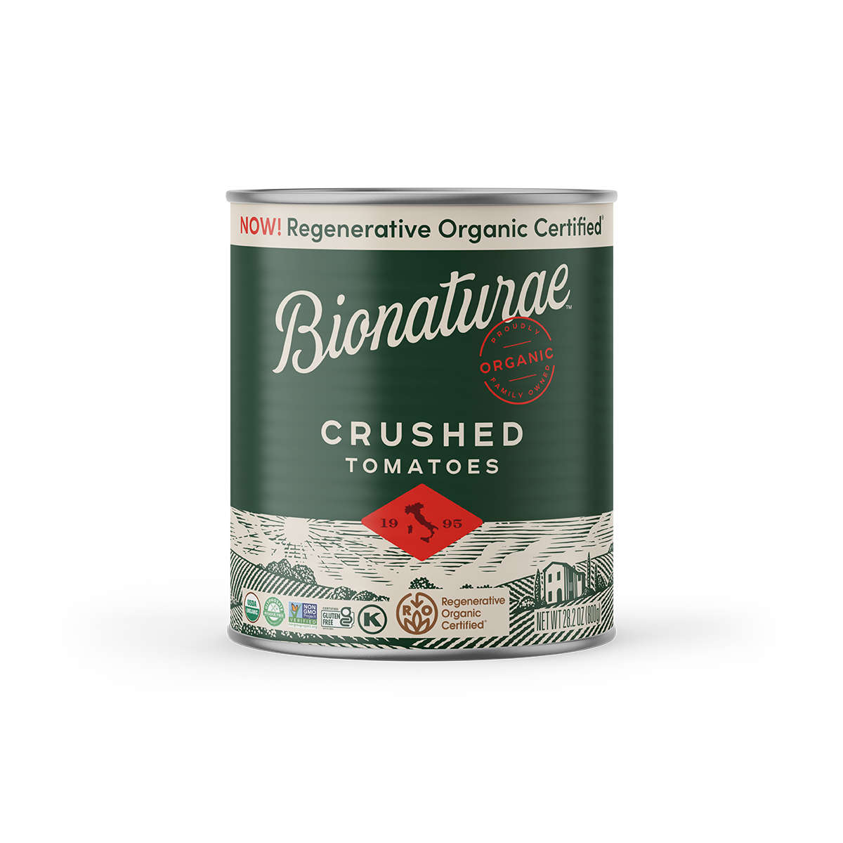 Front view of Bionaturae crushed tomatoes can, 28 oz, green label with ‘Regenerative Organic Certified’ banner on white background