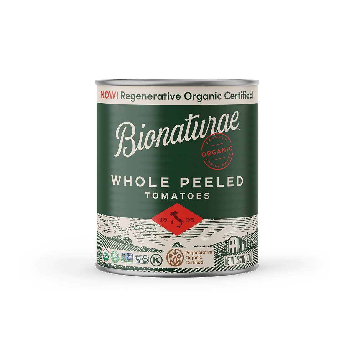 Front view of Bionaturae whole peeled tomatoes can showcasing green label with “Regenerative Organic Certified” banner on black background