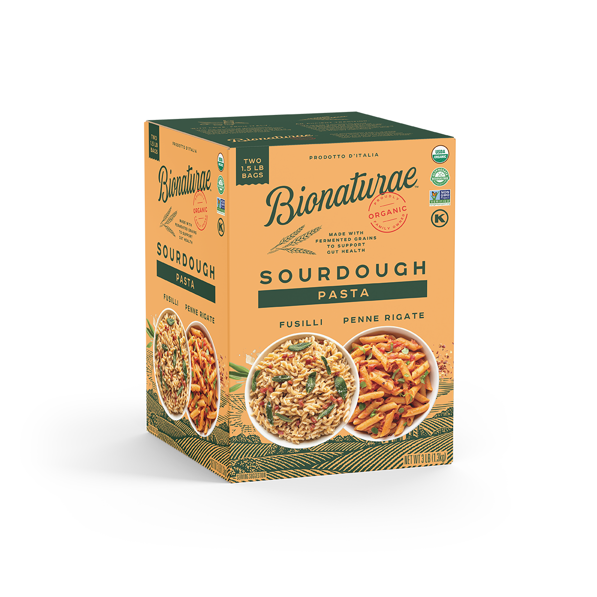 Three-quarter view of Bionaturae Organic Sourdough 3 lb pasta box with fusilli and penne photos on white background