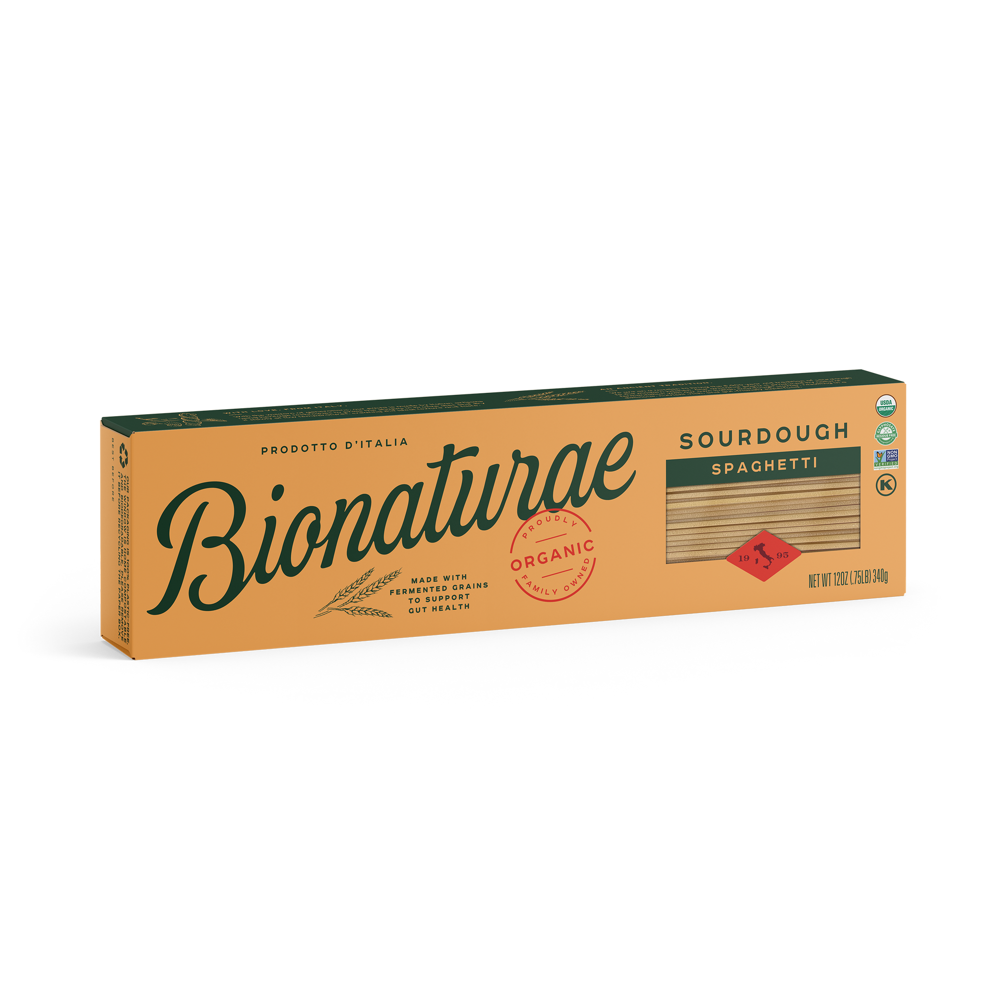 Angled front of Bionaturae Organic Sourdough spaghetti box with window showing noodles, net wt 12 oz, white background