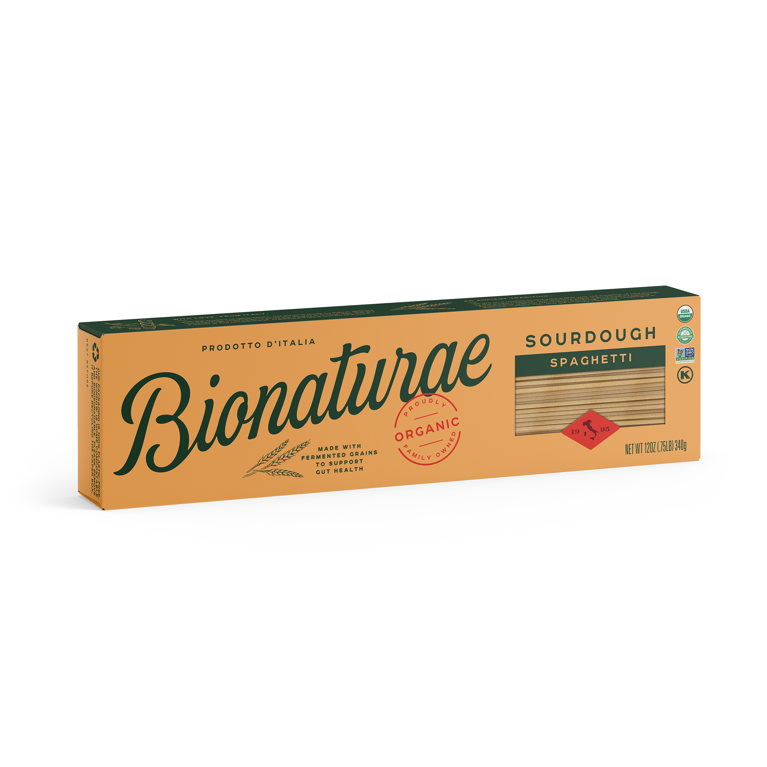 Angled front of Bionaturae Organic Sourdough spaghetti box with window showing noodles, net wt 12 oz, white background