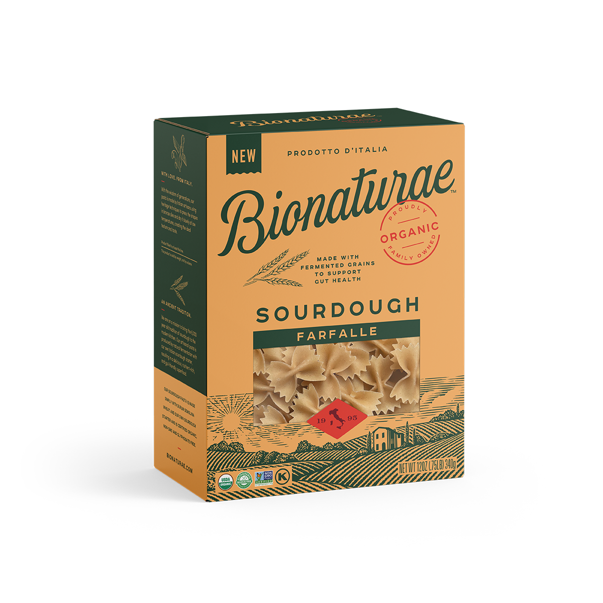 Front three-quarter view of Bionaturae Organic Sourdough Farfalle box showcasing clear window of farfalle pasta and packaging design on white background