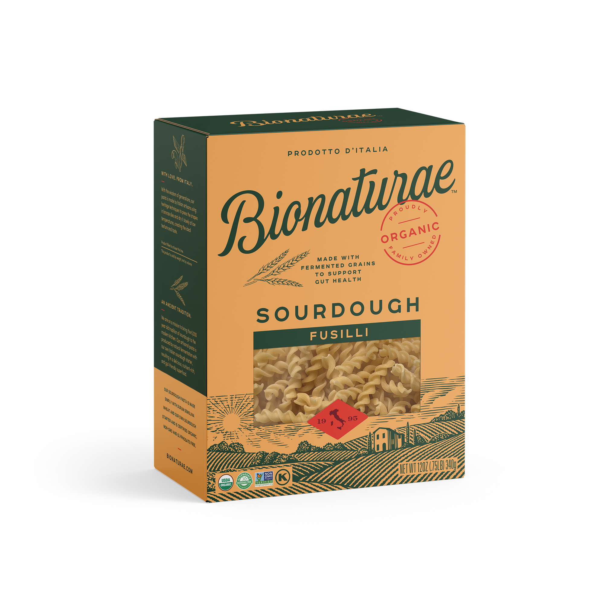 Three-quarter view of Bionaturae Sourdough Fusilli box showing front window of spiral pasta and organic seal on tan and green packaging