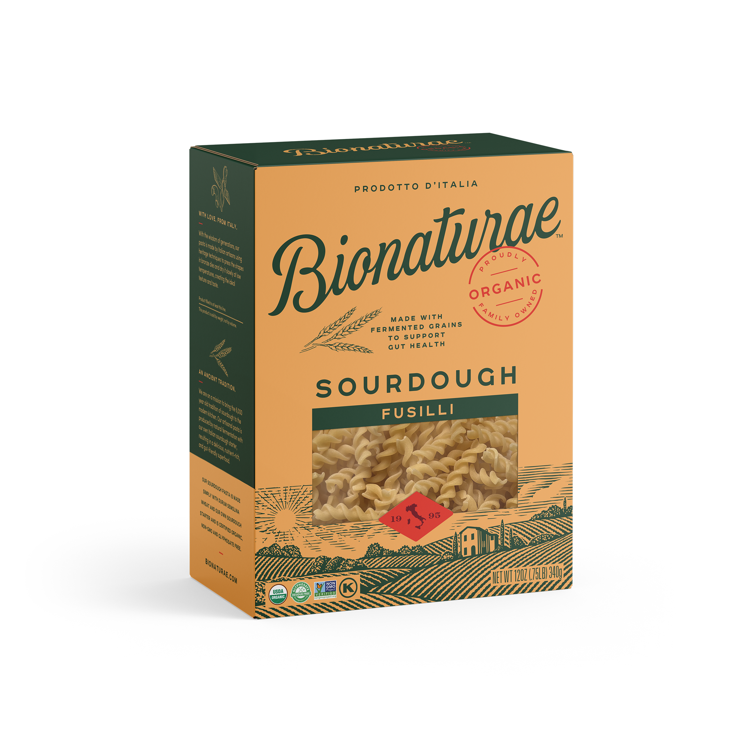 Three-quarter view of Bionaturae Sourdough Fusilli box showing front window of spiral pasta and organic seal on tan and green packaging