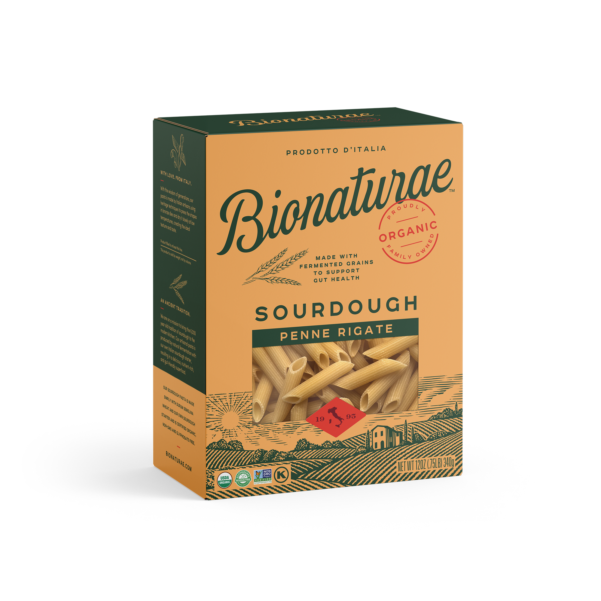 Front view of Bionaturae organic Sourdough Penne Rigate box showcasing pasta visible through front window on white background