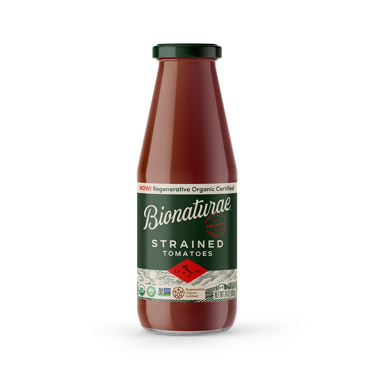Front view of Bionaturae Organic Strained Tomatoes glass bottle showcasing green label with Bionaturae logo against white background