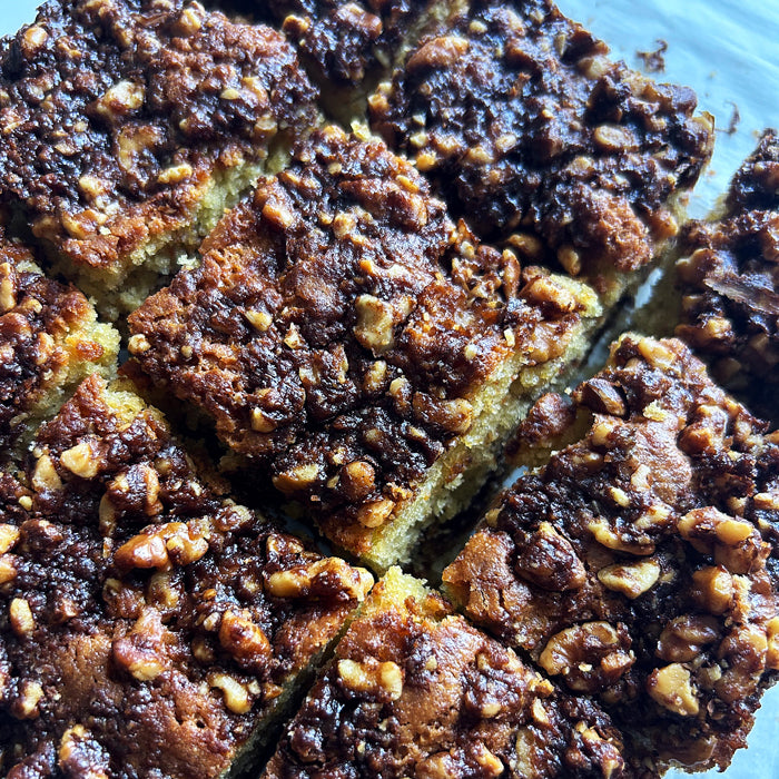 Overhead close-up of sourdough coffee cake squares topped with cinnamon-spiced walnut crumble on parchment