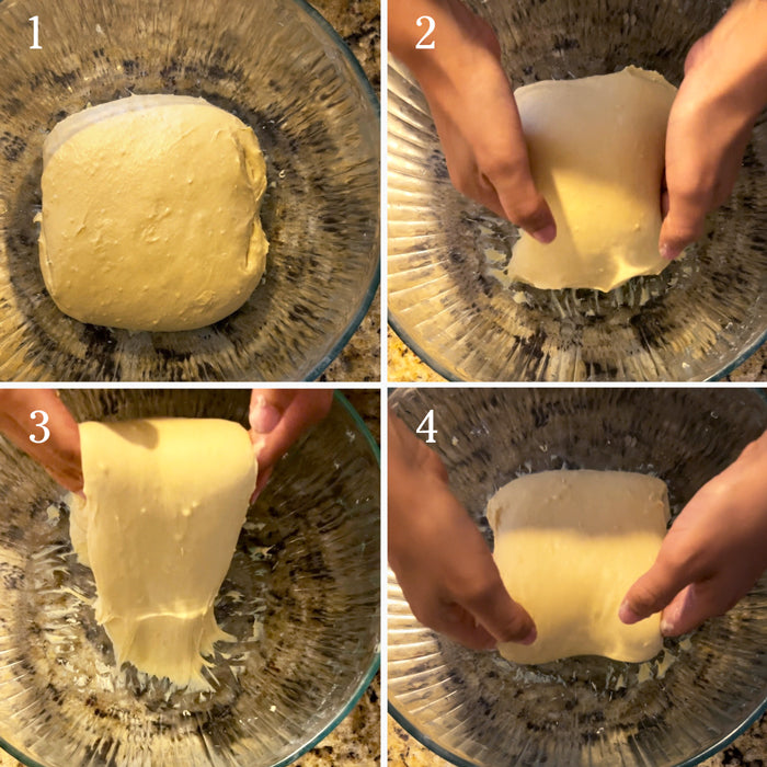Four-step photo collage showing coil-fold technique on sourdough einkorn dough in a glass bowl
