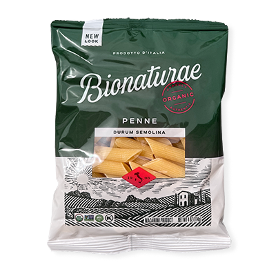 Front of single-serving bag of Organic Gluten Free Rice & Lentil Penne Rigate showing penne through a clear window and green Bionaturae packaging