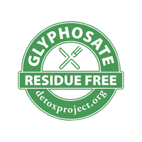 Green circular seal with crossed fork and knife and text 'GLYPHOSATE RESIDUE FREE detoxproject.org'.