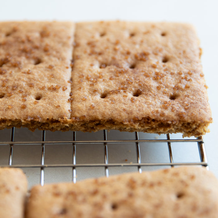 Close-up of Einkorn graham crackers showing sugar crystals, perforations, and golden-brown texture on a cooling rack