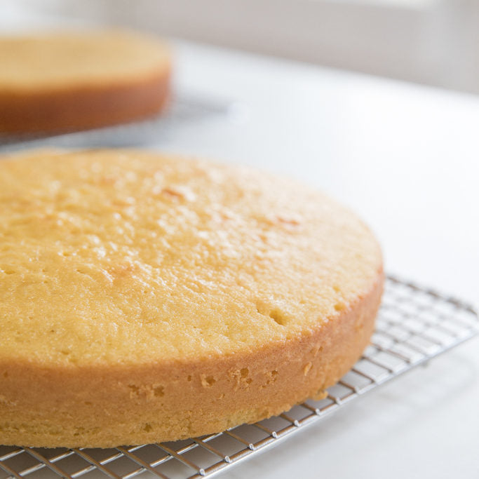Close-up of two Einkorn lemon cake layers showcasing golden moist crumb and smooth tops on a wire cooling rack