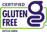 Purple certification seal with 'GLUTEN FREE' text and a stylized purple 'g' on a green-outlined white badge