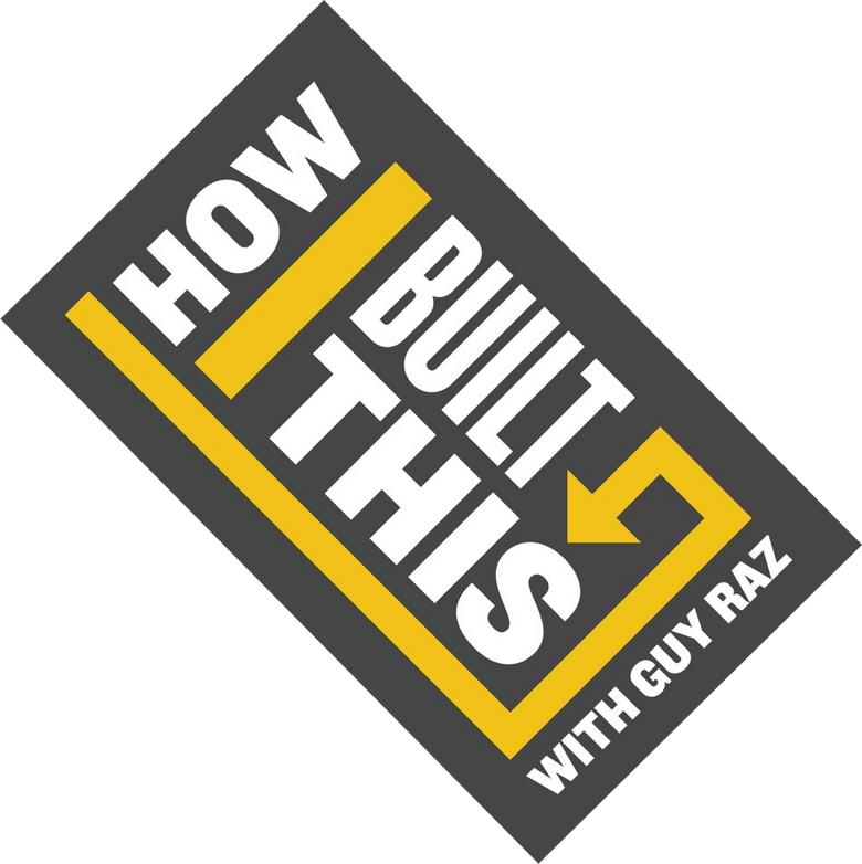 Logo reading HOW BUILT THIS WITH GUY RAZ, white and yellow text tilted diagonally on dark gray background