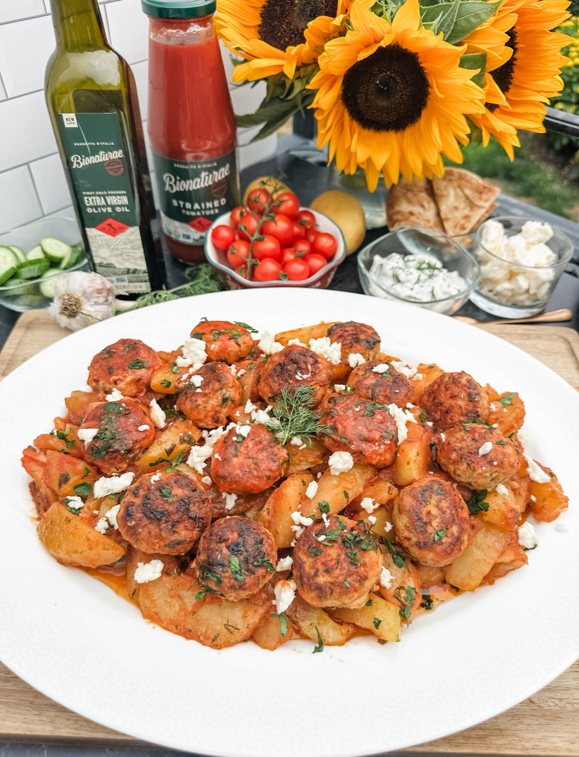 Plated Greek chicken meatballs and roasted potatoes with crumbled feta and dill, Bionaturae olive oil and strained tomatoes in the background