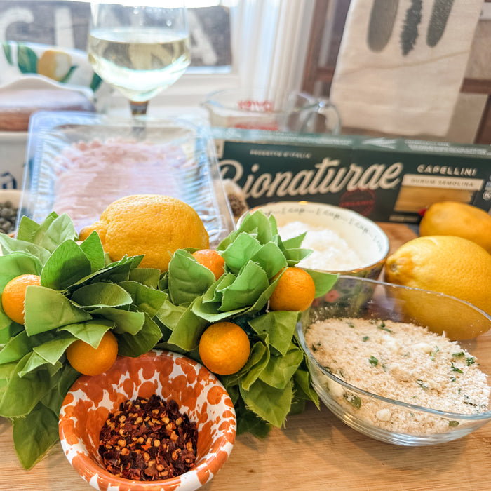 Ingredients for chicken piccata meatballs and capellini: Bionaturae capelline, chicken, lemons, breadcrumbs, chili flakes, wine