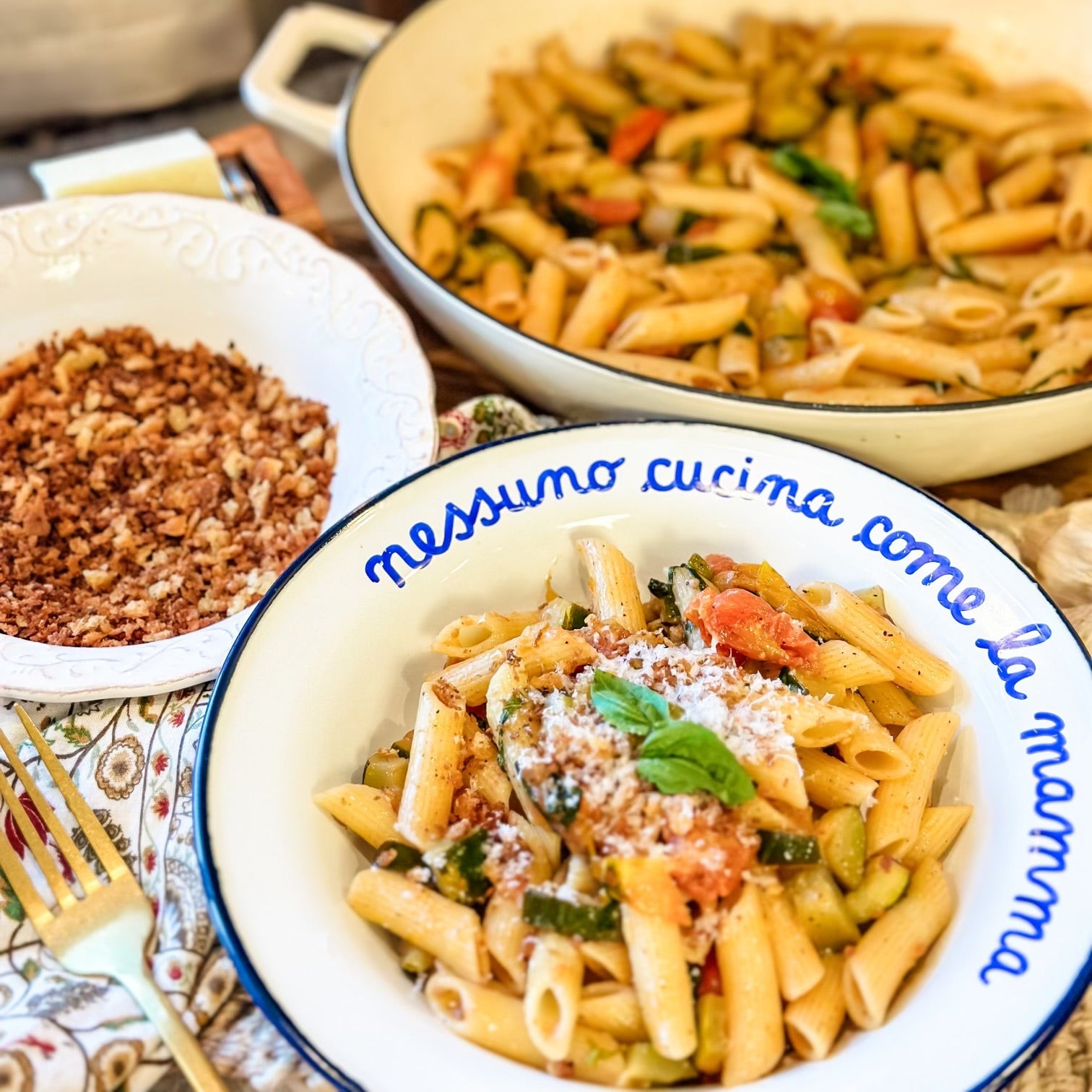 Two bowls of cooked penne rigate with tomato sauce and grated cheese beside a skillet of pasta on a rustic table