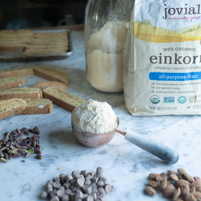 Einkorn biscotti slices with a bag of Jovial all-purpose einkorn flour and a measuring cup on a marble countertop