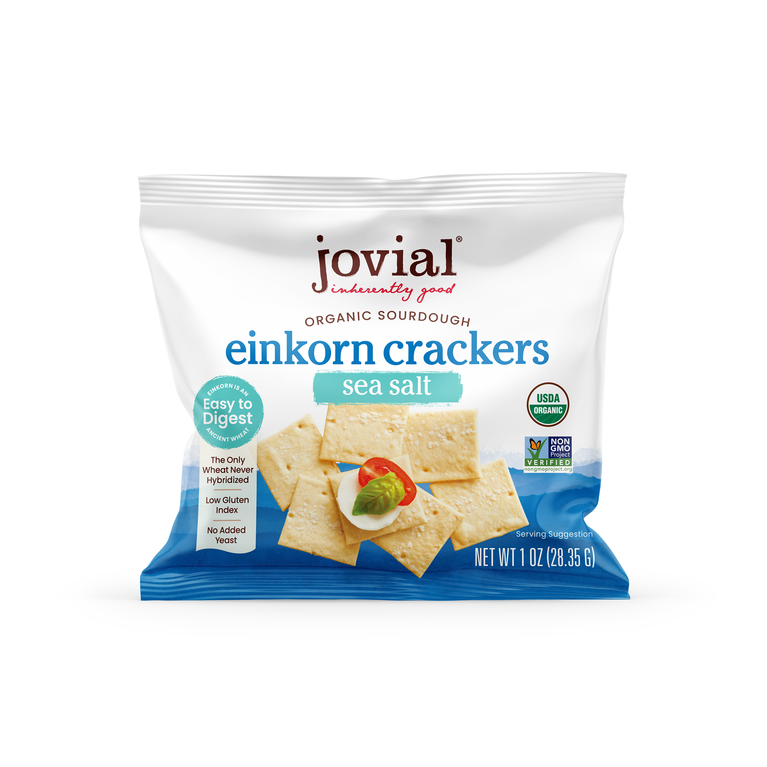 Front view of snack-size bag of Organic Einkorn Sourdough Sea Salt crackers showing Jovial logo and product name on white background
