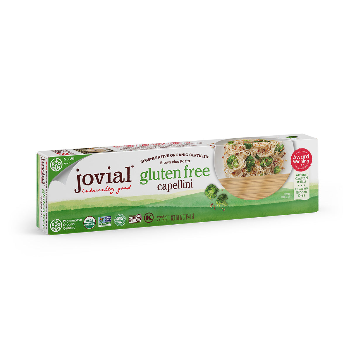 Angled box of Jovial Organic Gluten Free Brown Rice Capellini showing packaging artwork and serving bowl on white background