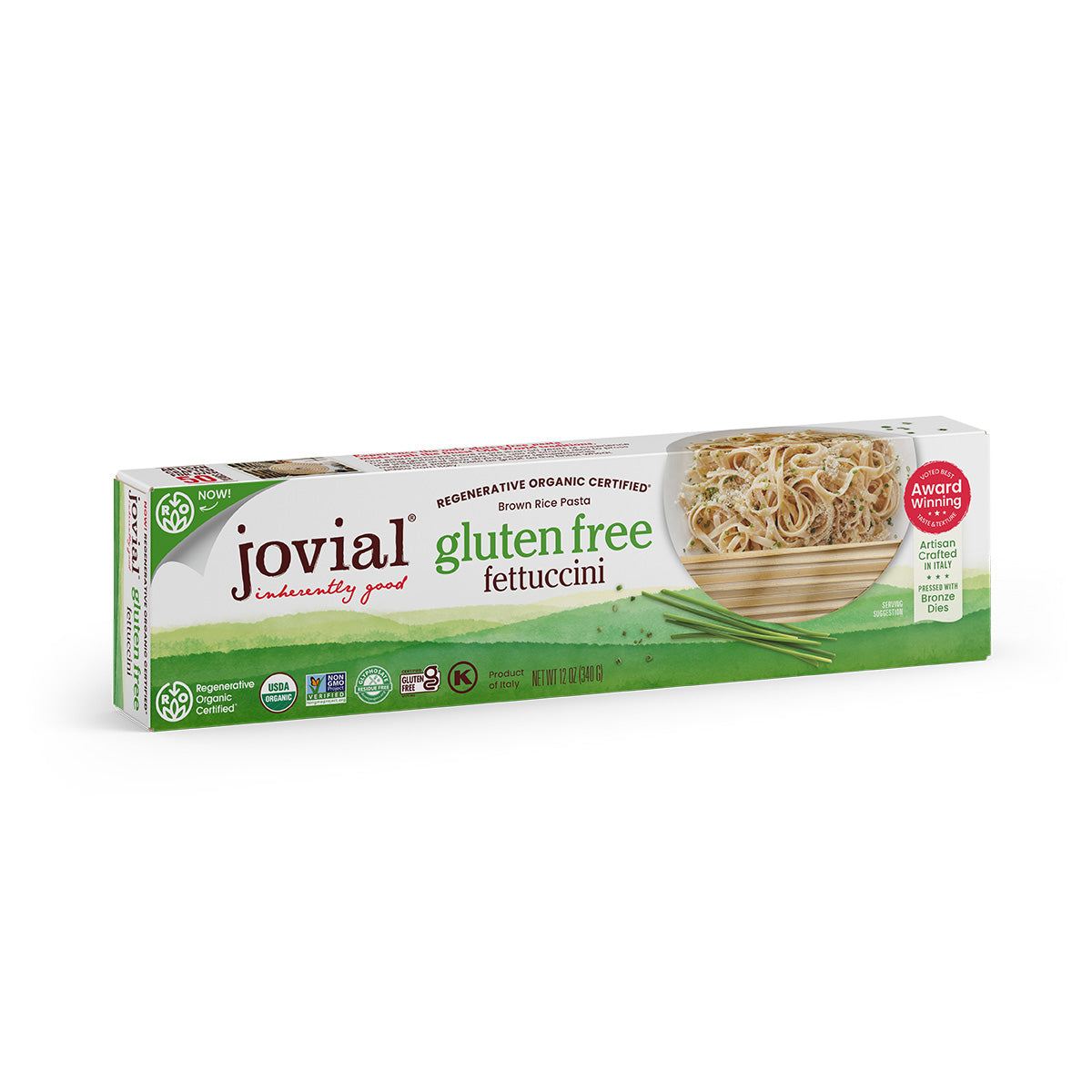 Angled front view of Jovial Organic Brown Rice Fettuccini box showing Gluten Free label and bowl image on white background