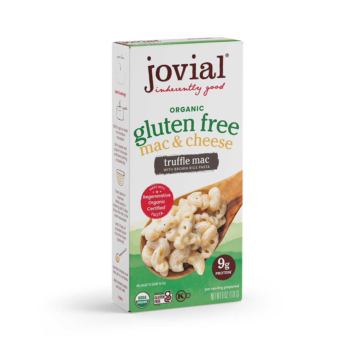 Front view of Organic Truffle Mac and Cheese box showing gluten-free label, truffle mac callout, and pasta spoon on white