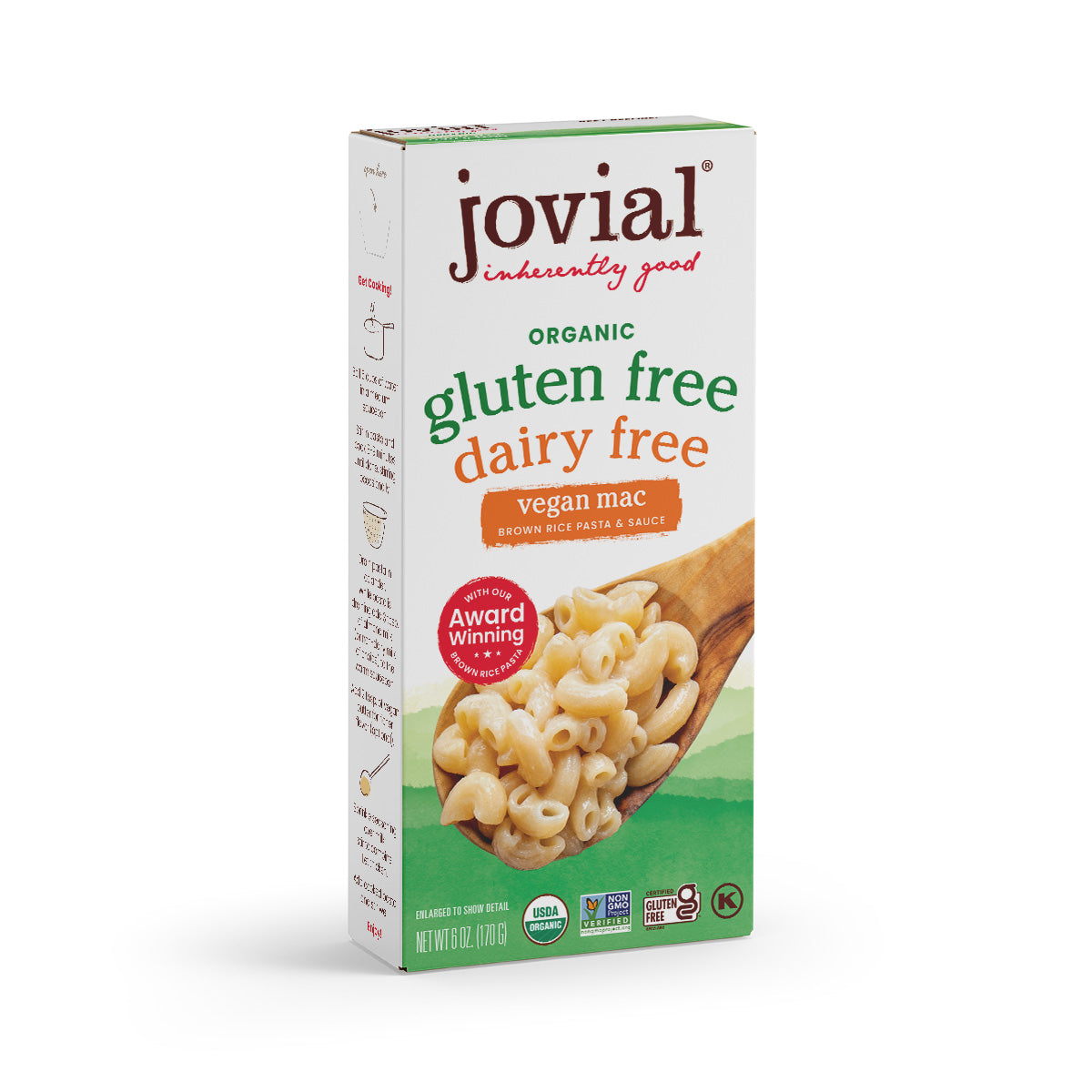 Front view of Jovial organic gluten-free dairy-free vegan mac box with macaroni image on white background